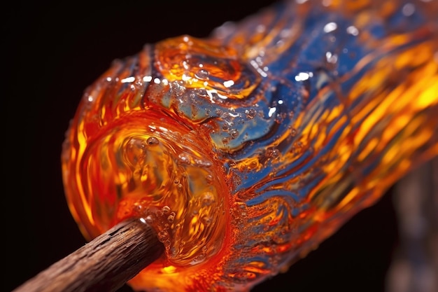 Closeup of molten glass on a blowpipe created with generative ai