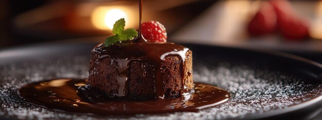 Photo closeup of molten lava cake oozing dark chocolate