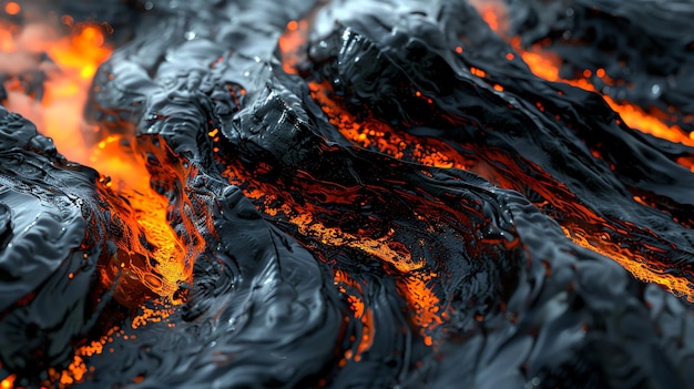 Closeup of molten lava flowing glowing orange with black crust