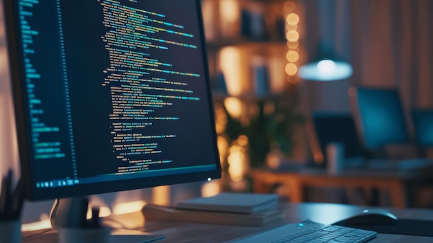 Closeup of a monitor displaying lines of code in a tech workspace Represents programming coding and software development