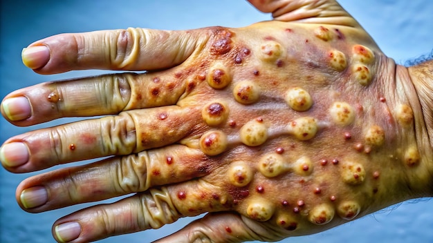 CloseUp of Monkeypox Infection Hand with Pustules and Lesions