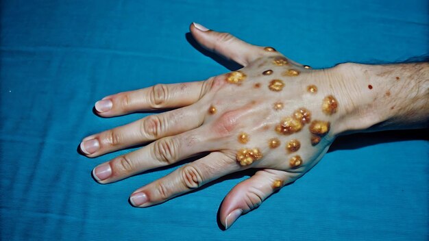 CloseUp of Monkeypox Infection Hand with Pustules and Lesions