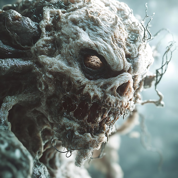 Photo closeup of a monstrous creature with a decaying face and glowing eyes