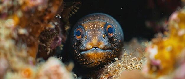 Closeup of a moray eel peeking out from its hiding place