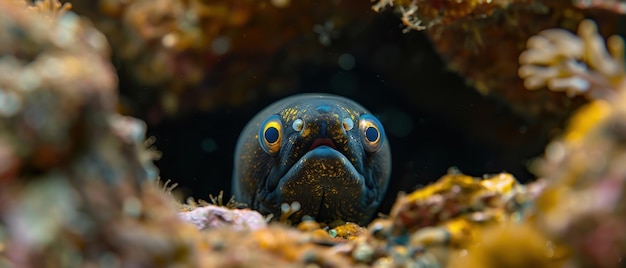 Photo closeup of a moray eel peeking out from its hiding place