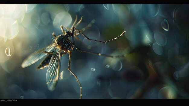 A closeup of a mosquito detailed anatomy translucent wings hovering in midair delicate yet menacing