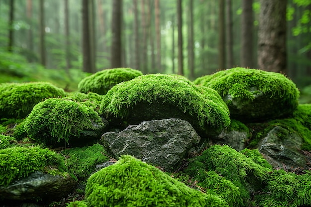 Closeup of mosscovered rocks in an enchanted forest focusing on the vibrant green hues and intrica