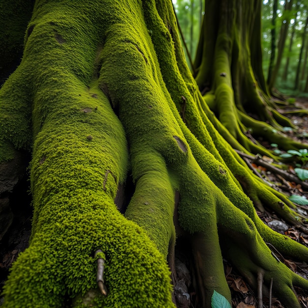 Photo closeup of mosscovered tree roots in rainforest