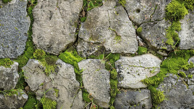 A closeup of a mossy stone wall with cracks and crevices