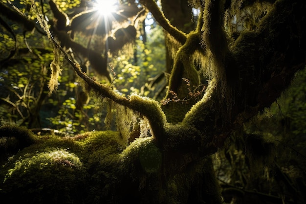 Closeup of mossy tree trunk with sunlight filtering through the canopy