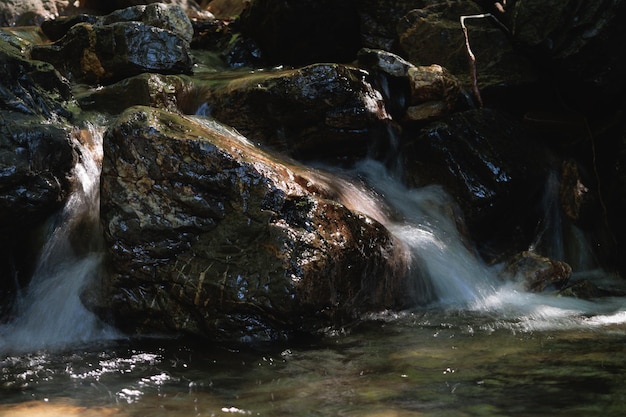 Closeup of MotionBlurred Water Rapids Flowing over a Stone