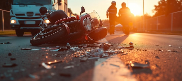 Closeup of motorcycle accident with scattered debris on the road