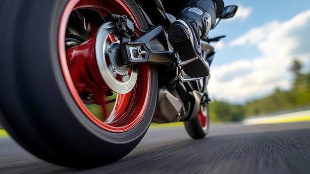 Photo closeup of a motorcycle wheel in motion on a racetrack