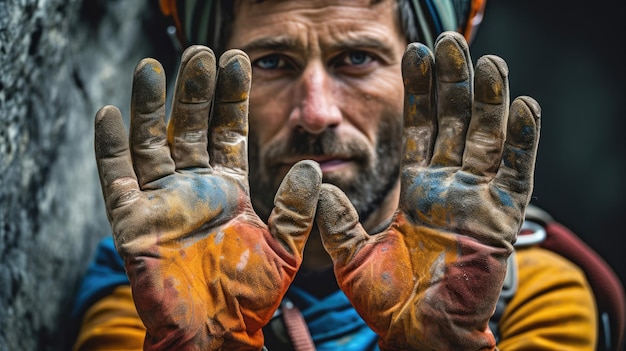 Closeup of mountaineer's hands on rock