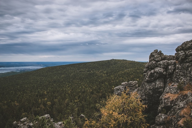 Closeup mountains scenes in national park Kachkanar, Russia, Europe. Cloudy weather, dramatic blue color sky, far away green trees. Colorful summer day