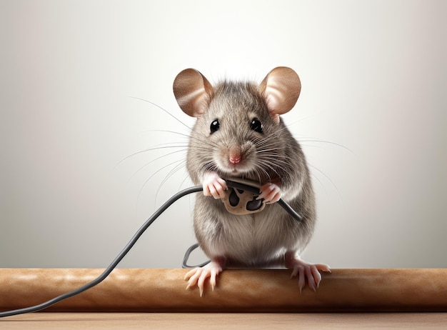 Closeup mouse gnaws wire in an apartment house on the background of the wall