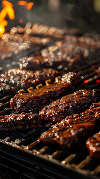 Photo closeup of mouthwatering barbecue ribs being grilled