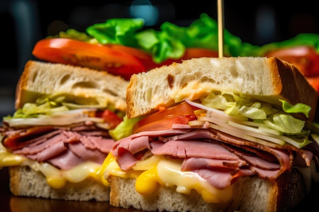 Closeup of a Mouthwatering Club Sandwich with Roasted Beef Swiss Cheese