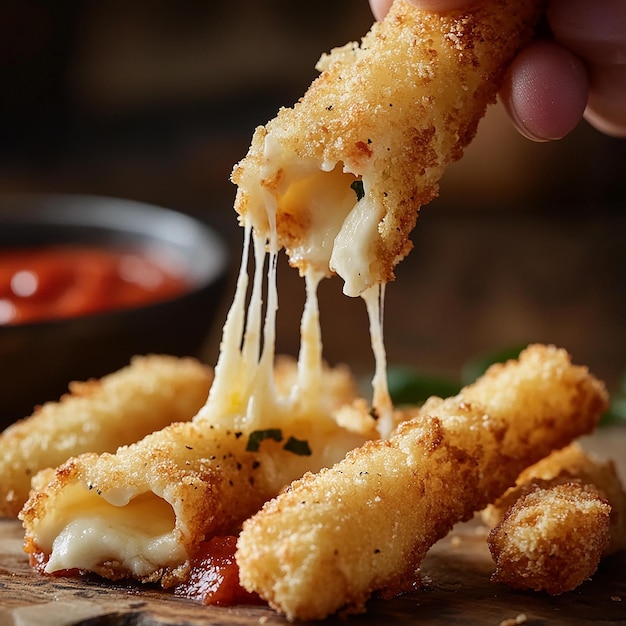 Photo closeup of mozzarella sticks with gooey cheese and marinara sauce