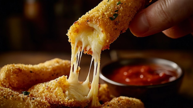 Photo closeup of mozzarella sticks with gooey cheese and marinara sauce