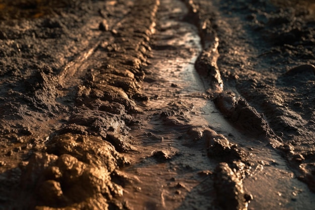 Closeup of mud and dirt on road surface created with generative ai