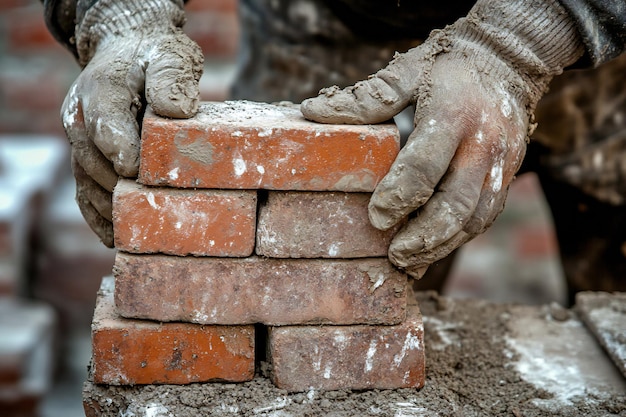 Closeup of MudCovered Hands Laying Bricks in a Traditional Construction Process Showcasing Skilled