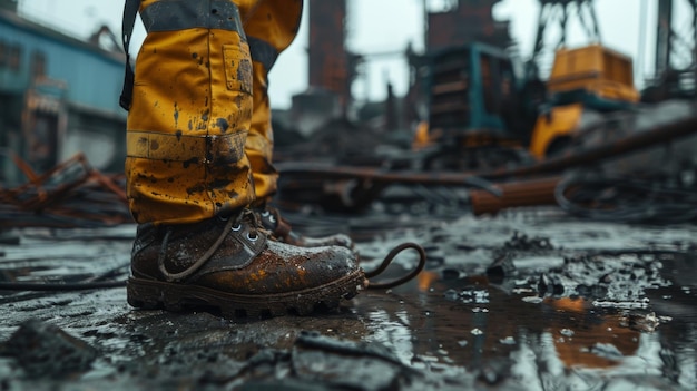 Closeup of muddy work boots on a construction worker amidst a wet industrial setting