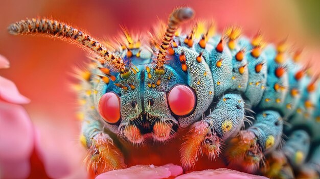 Photo closeup of a multicolored caterpillar with large red eyes