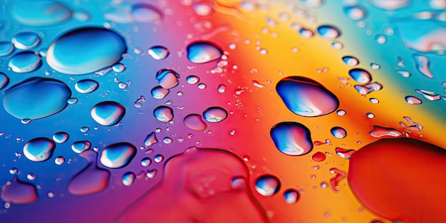 Closeup multicolored drops of water on surface Water in the wallpaper For banner postcard book illustration card AI generative