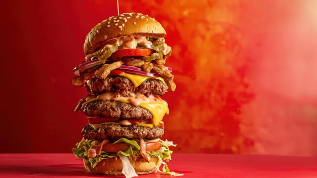 Closeup of a multilayered cheeseburger with beef patties cheese lettuce tomatoes onions and sauce