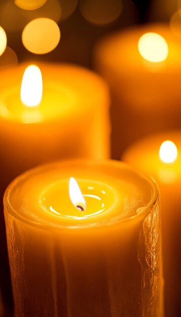 Photo closeup of multiple candles glowing softly warm and tranquil atmosphere