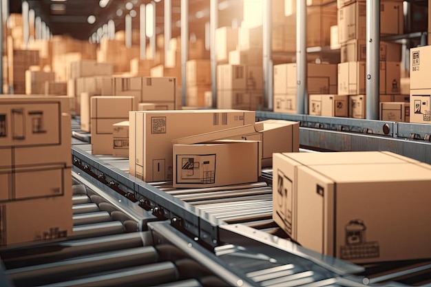 Closeup of Multiple Cardboard Box Packages on Conveyor Belt in Warehouse Fulfillment Center