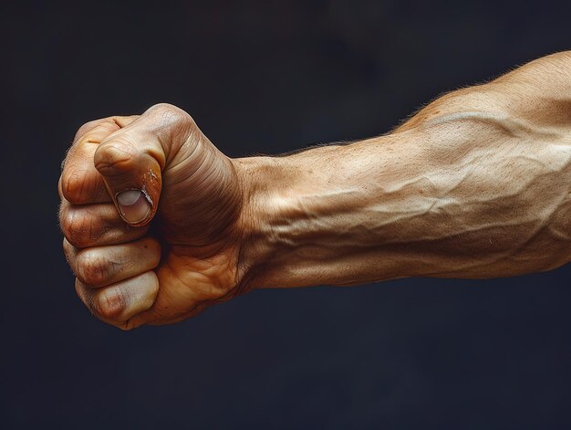 Photo closeup of a muscular arm with a clenched fist