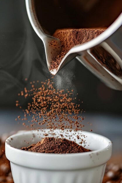 Photo closeup of mushroom coffee powder being poured into a white cup capturing the moment preparation