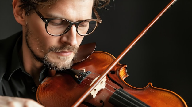 A closeup of a musicians intense focus while playing a violin capturing essence of artistry