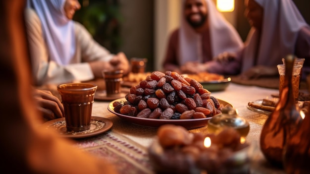 Closeup of a Muslim family eating dates at the dinner table during Iftar Islamic Religion Ramadan Kareem Muslim Dinner Holiday concepts