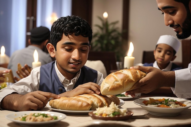 Closeup of Muslim father passing his son Lafah Bread during dinner at dining table on Ramadan