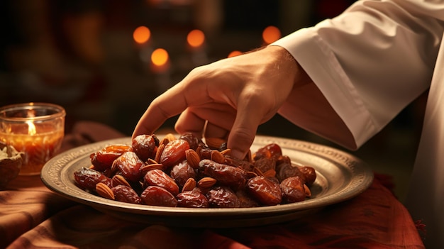 Closeup of Muslims hand taking dates fruit