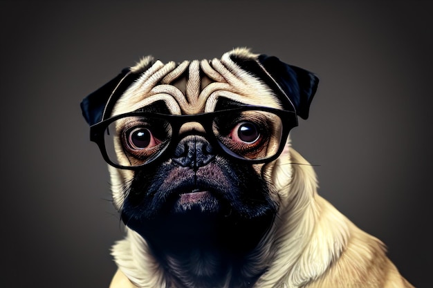 Closeup of muzzle of adorable domestic pug dog wearing glasses