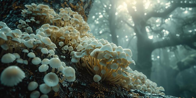 Photo closeup of a mycelium network in a lush forest