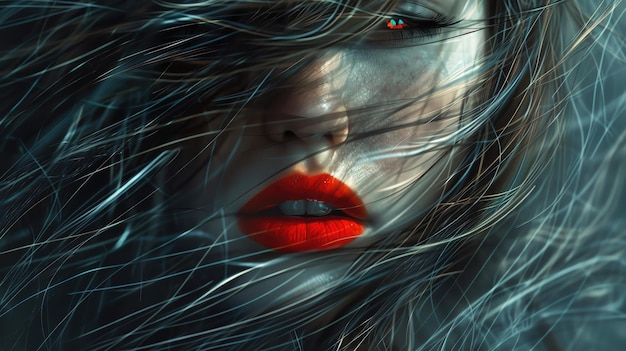 Closeup of a mysterious woman with red lips and flowing hair creating a dramatic and captivating visual effect