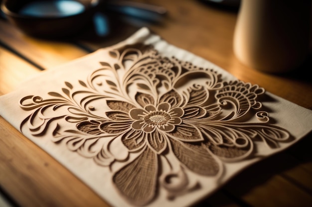 A closeup of a napkin on a wooden table with an intricate floral design