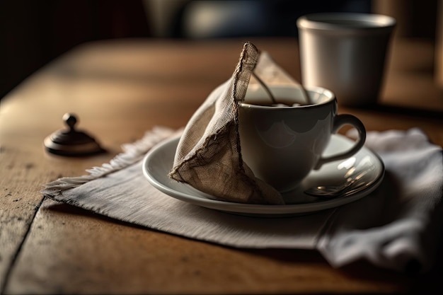 A closeup of a napkin on a wooden table with tea cup and saucer in the background