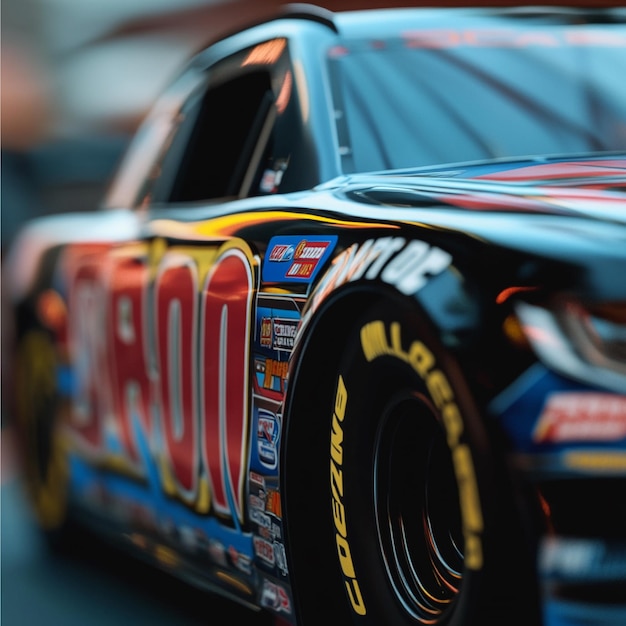 Photo a closeup of a nascar vehicle with sponsor decals and racing modifications