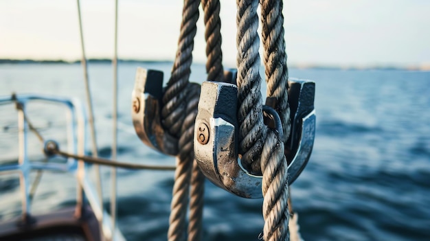 Closeup of nautical ropes and metal hardware on a boat with a serene sea and a hint of the horizon in the blurred background