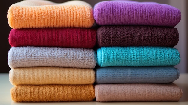 Closeup of a neat stack of folded colored clothing items The theme of comfort and cleanliness at home and in the store