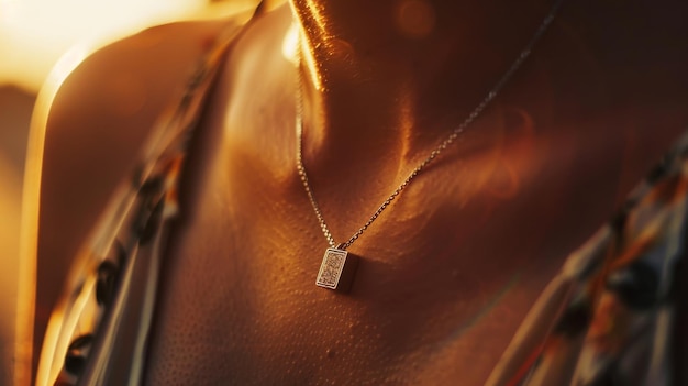 Closeup of a necklace resting gracefully on a womans neck illuminated warmly by the setting sun