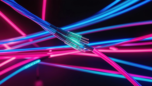 Photo closeup of a neon pink and blue cable connector with a black background