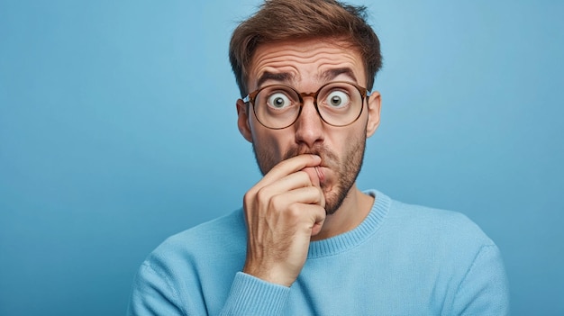 Photo closeup of nervous caucasian adult man biting fingernails