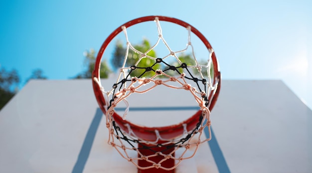 Closeup of net of basketball hoop in sunny day